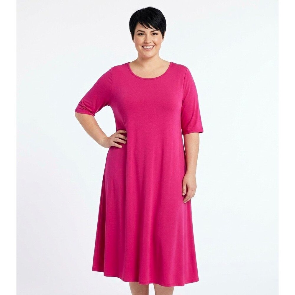 Roaman's Womens Hot Pink Dress 26/28 Midi A-Line Knit Pullover Round Neck SS